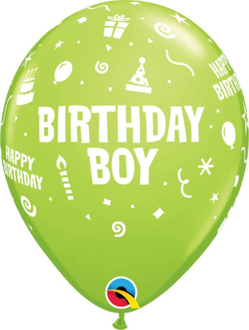 11" / 28cm Birthday Boy Asst of Lime Green, Yellow, Dark Blue, Orange, Robin's Egg Blue Qualatex #20265-1